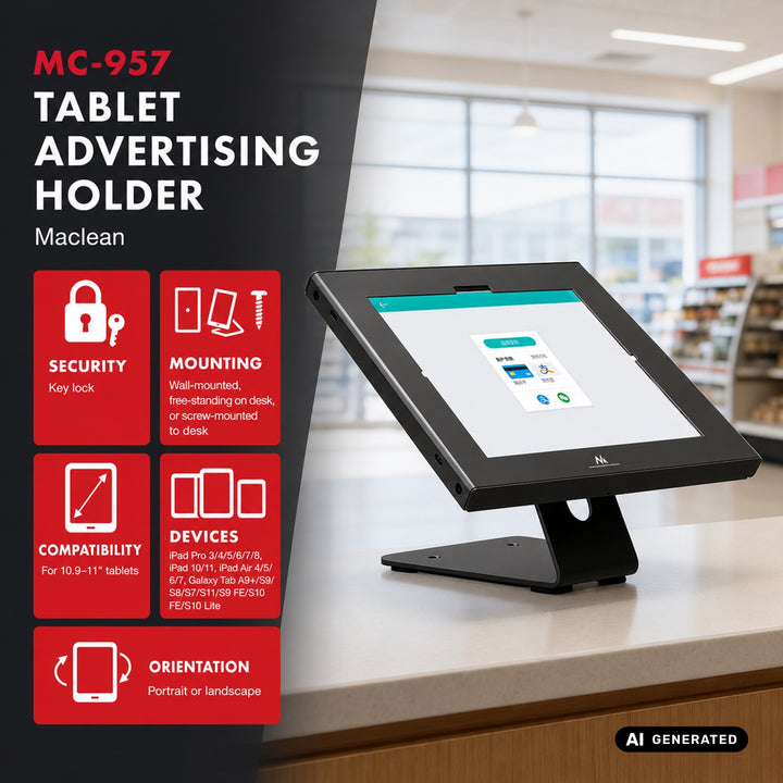 Maclean Tablet Advertising Mount with Lock, 10.9"-11", iPad Air/Pro, Samsung Tab A & S Series, 220x323x22mm, MC-957 B
