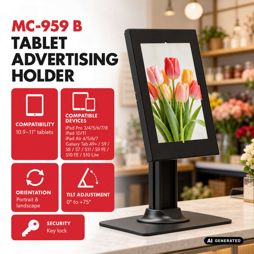 Maclean Tablet Advertising Mount, with Lock, 10.9"-11", iPad Air/Pro, Samsung Tab A & S Series, 220x323x22mm, MC-959 B
