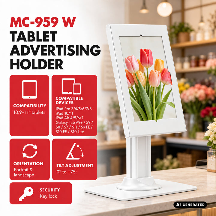 Maclean Tablet Advertising Mount with Lock, 10.9"–11", iPad Air/Pro, Samsung Tab A & S Series, 220x323x22mm, MC-959 W