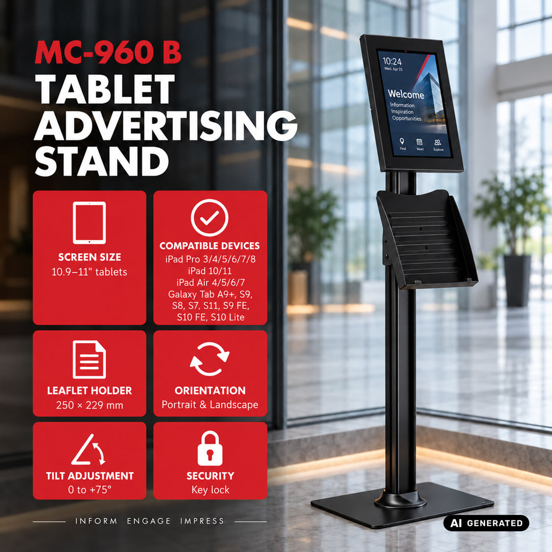 Maclean Tablet Advertising Mount with Lock, 10.9"–11", iPad Air/Pro, Samsung Tab A & S Series, 220x323x22mm, MC-960 B