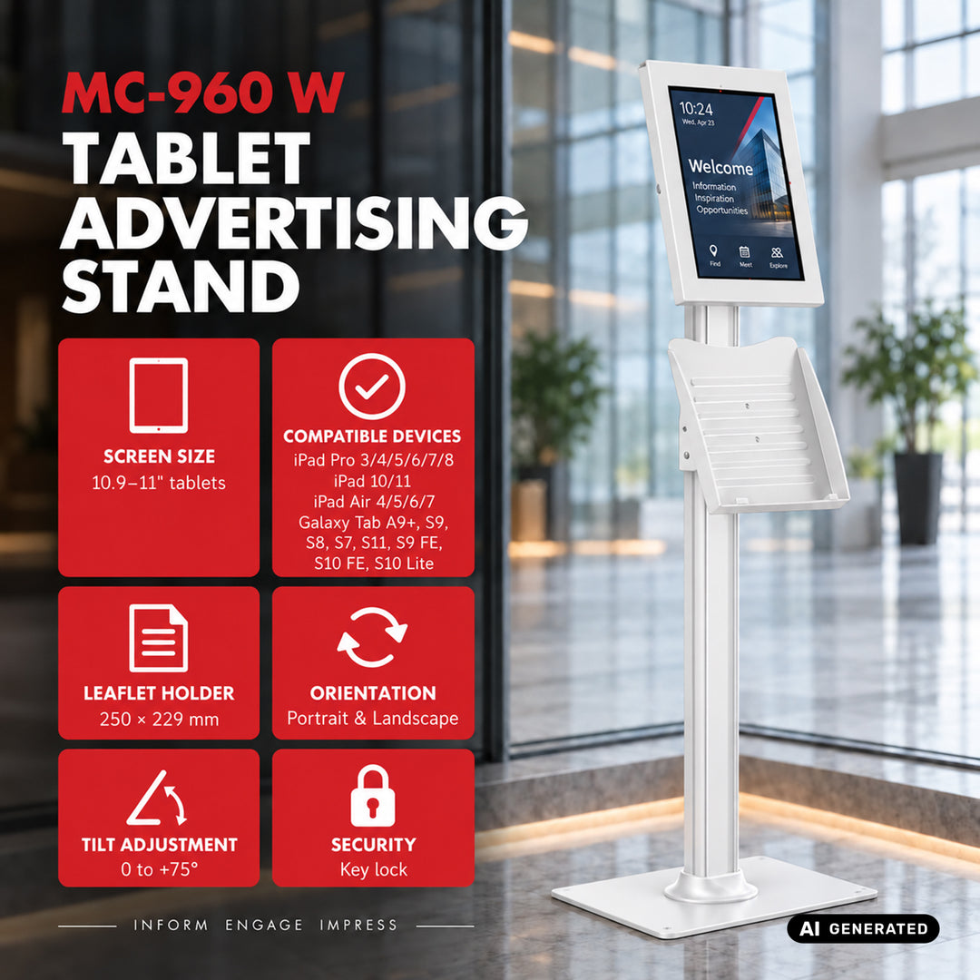Maclean Tablet Advertising Mount with Lock, 10.9"-11", iPad Air/Pro, Samsung Tab A & S Series, 220x323x22mm, MC-960 W