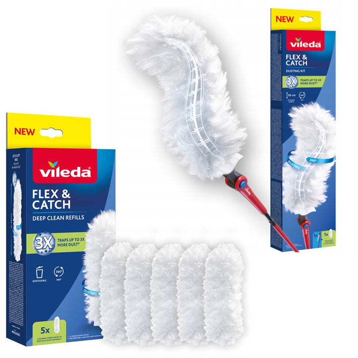 Vileda Flex&Catch dustpan, with long handle, anti-slip protection, flexible head + 5 dustpan refills