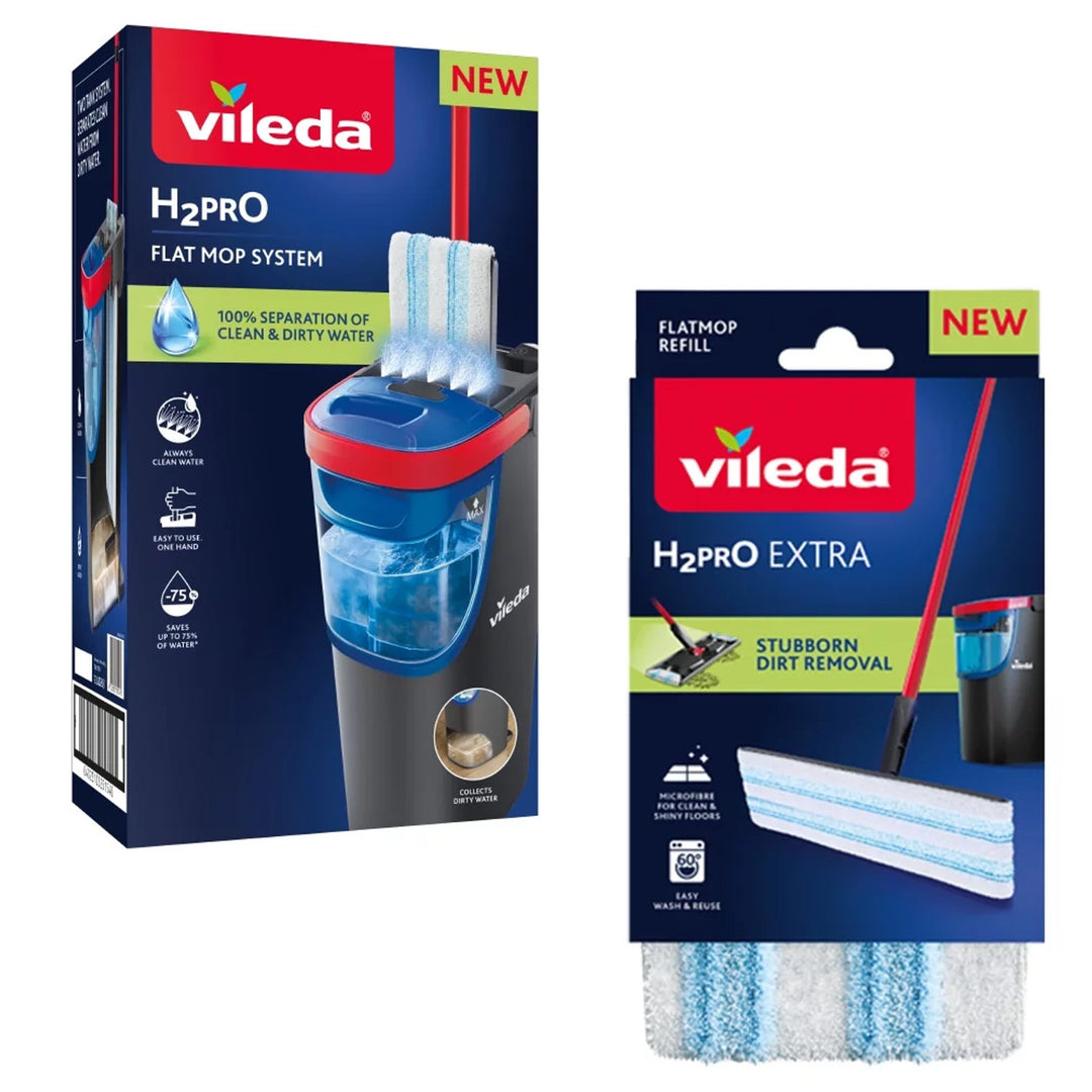 Vileda H2prO flat mop, 100% separation of clean and dirty water, two tanks, 2 microfiber pads, 360° tip, 175774