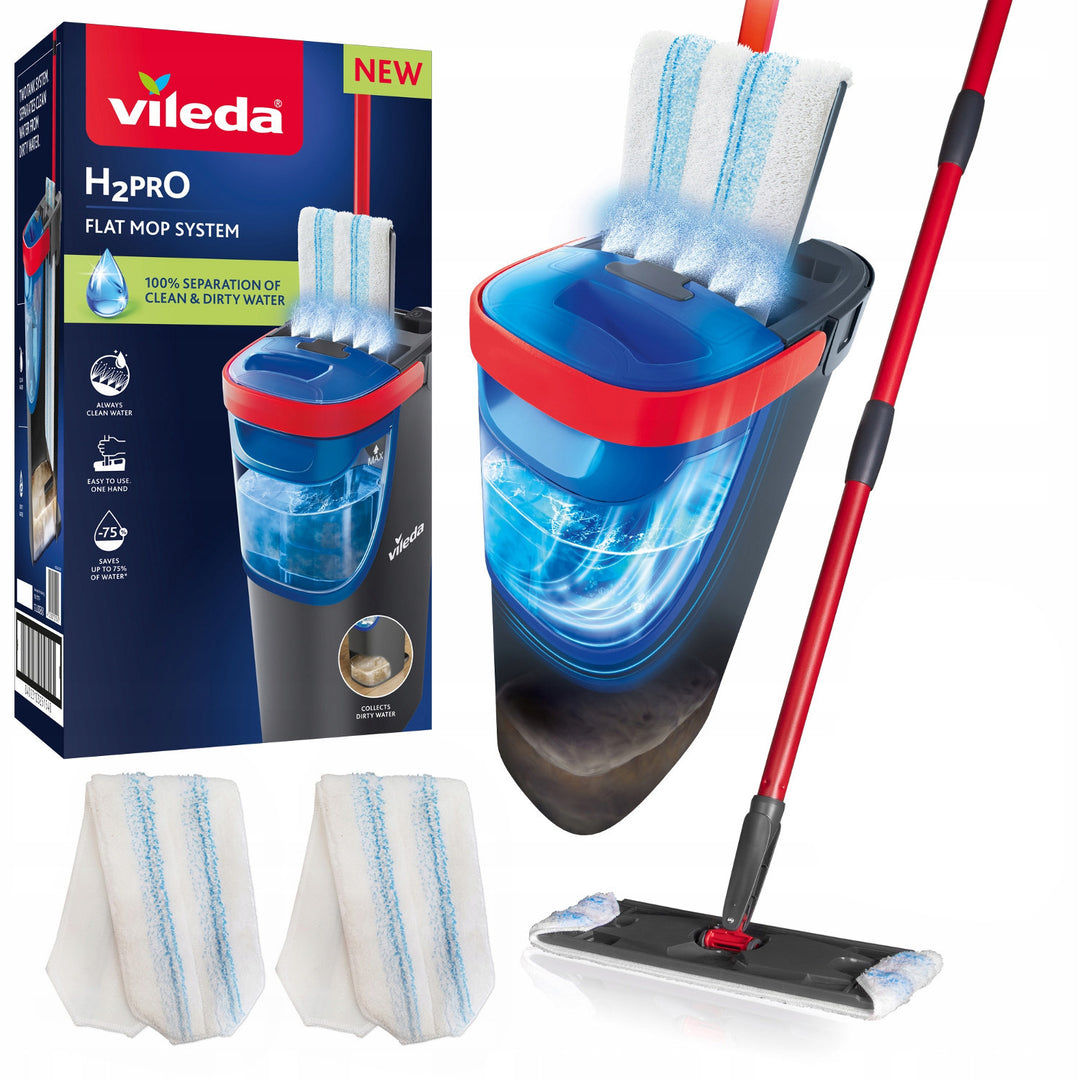 Vileda H2prO flat mop, 100% separation of clean and dirty water, two tanks, 2 microfiber pads, 360° tip, 175774