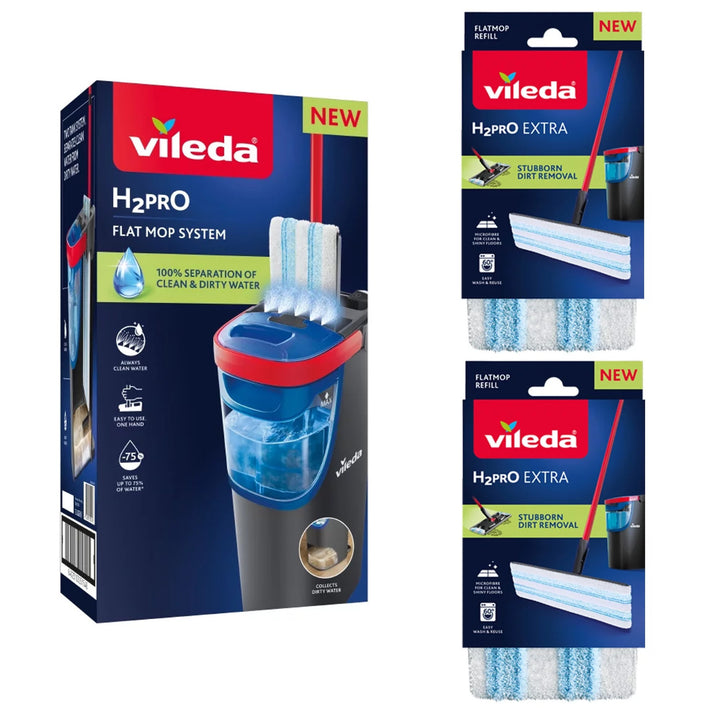 Vileda H2prO flat mop, 100% separation of clean and dirty water, two tanks, 3 microfiber pads, 360° tip, 175774