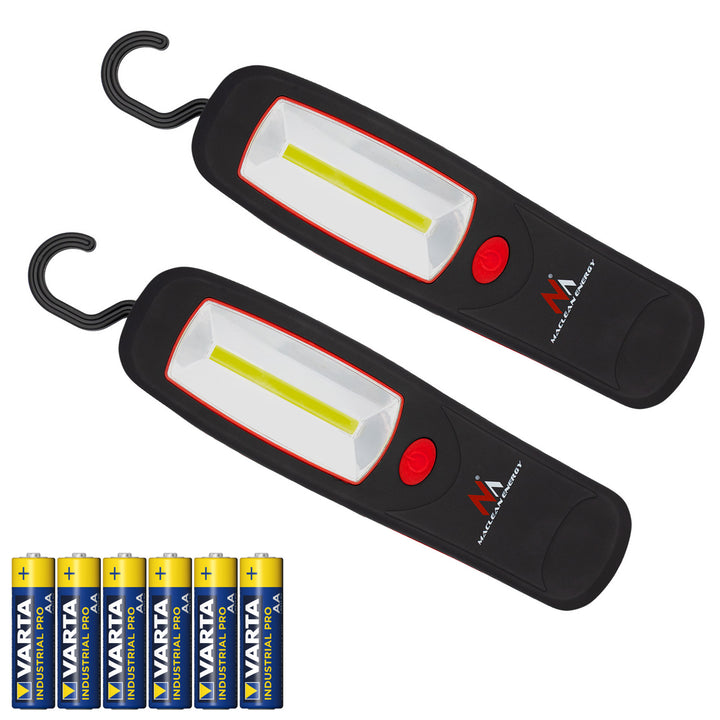 Maclean COB LED Workshop Light, magnet, hook, MCE03, 2 pieces + 6 Varta Industrial LR6/AA R-06 batteries