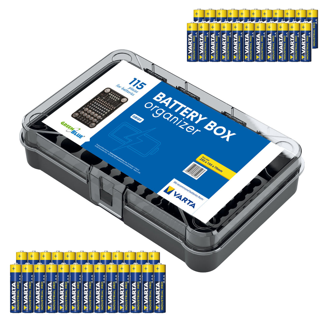 GreenBlue Varta Box GB189 battery organizer + 22x Varta Industrial AA batteries + 25x Varta Industrial AAA batteries