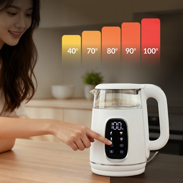 1.7L glass electric kettle with temperature control, LED, 40–100°C, Adler AD 1305 WS white