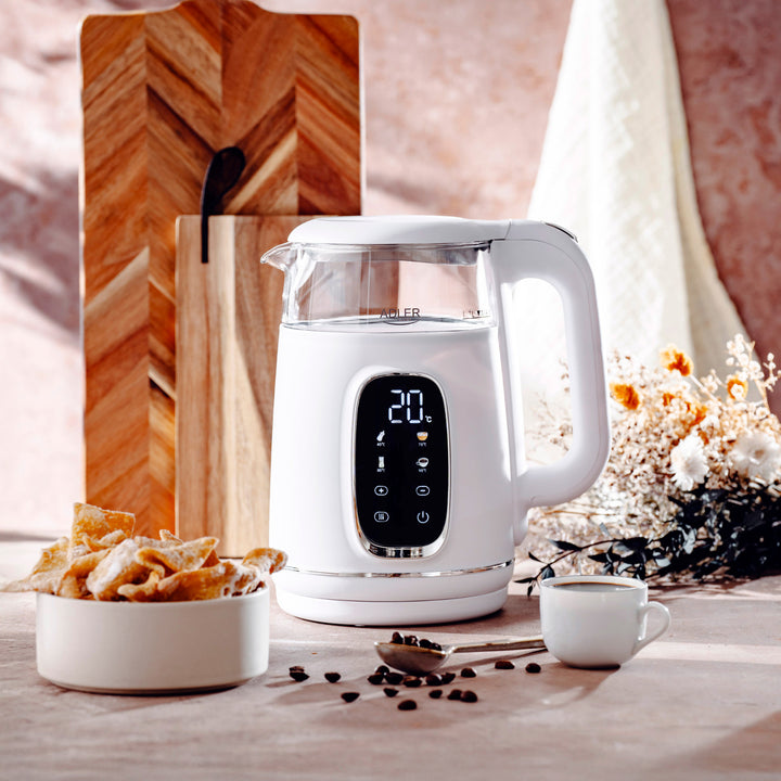 1.7L glass electric kettle with temperature control, LED, 40–100°C, Adler AD 1305 WS white