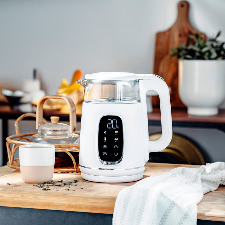 1.7L glass electric kettle with temperature control, LED, 40–100°C, Adler AD 1305 WS white