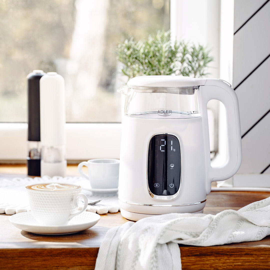 1.7L glass electric kettle with temperature control, LED, 40–100°C, Adler AD 1305 WS white