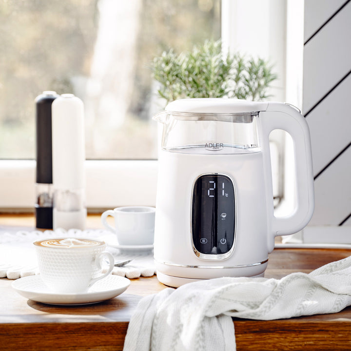 1.7L glass electric kettle with temperature control, LED, 40–100°C, Adler AD 1305 WS white