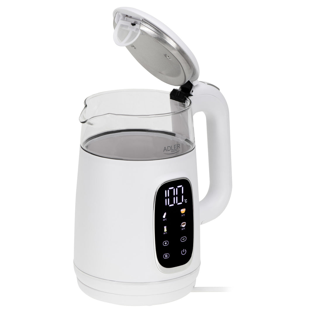1.7L glass electric kettle with temperature control, LED, 40–100°C, Adler AD 1305 WS white