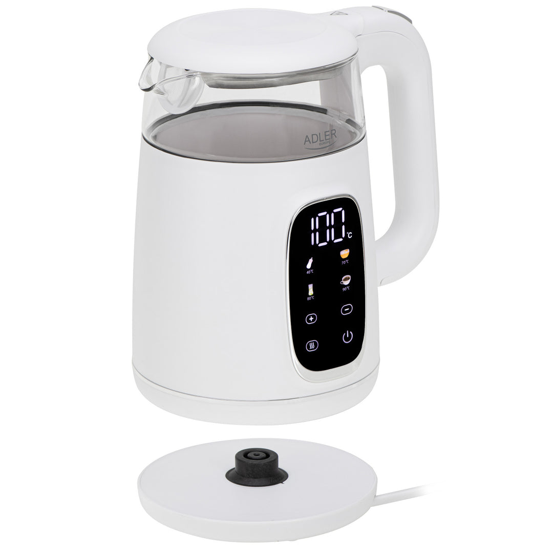 1.7L glass electric kettle with temperature control, LED, 40–100°C, Adler AD 1305 WS white
