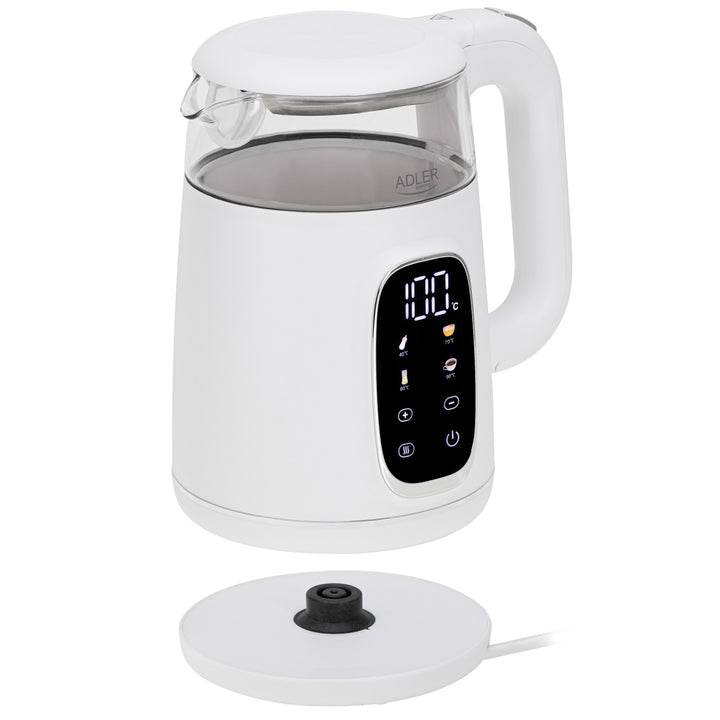 1.7L glass electric kettle with temperature control, LED, 40–100°C, Adler AD 1305 WS white