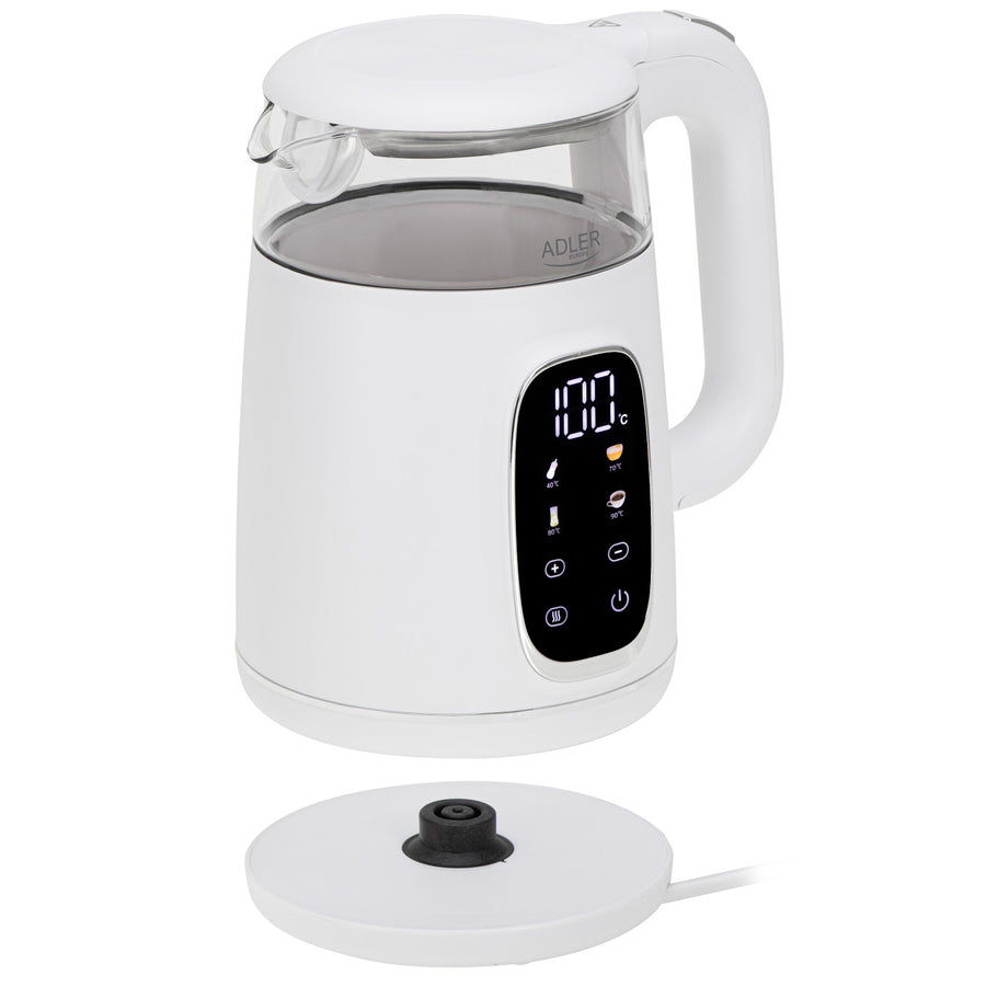 1.7L glass electric kettle with temperature control, LED, 40–100°C, Adler AD 1305 WS white