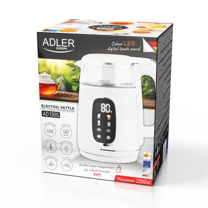 1.7L glass electric kettle with temperature control, LED, 40–100°C, Adler AD 1305 WS white