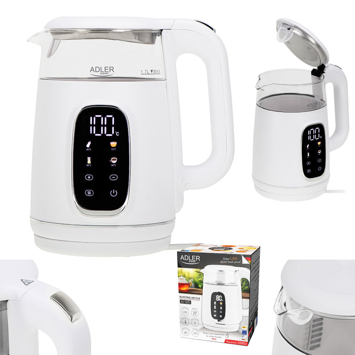 1.7L glass electric kettle with temperature control, LED, 40–100°C, Adler AD 1305 WS white