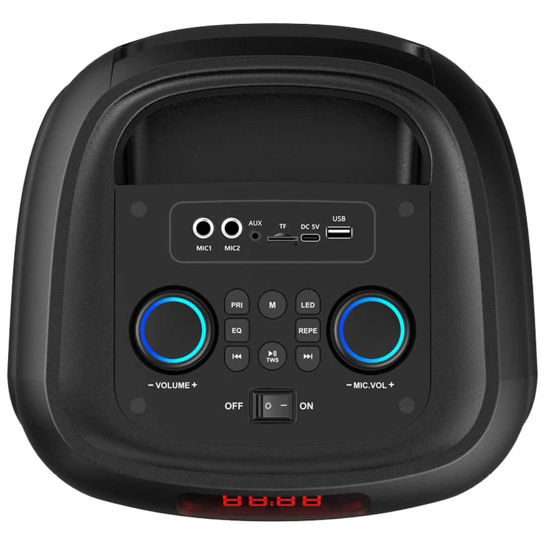 Large Bluetooth speaker, 120W RMS/1400W PMPO, two 8" speakers, equalizer, karaoke function, MP3/microSD cards, USB, AUX, BT 5.3+EDR, display, LED, built-in battery, remote control, MT3185