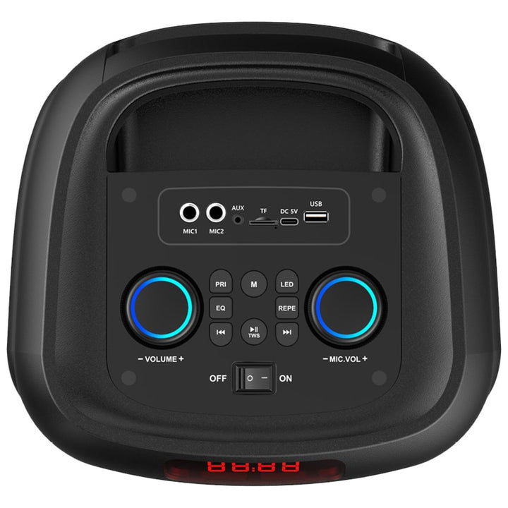 Large Bluetooth speaker, 120W RMS/1400W PMPO, two 8" speakers, equalizer, karaoke function, MP3/microSD cards, USB, AUX, BT 5.3+EDR, display, LED, built-in battery, remote control, MT3185