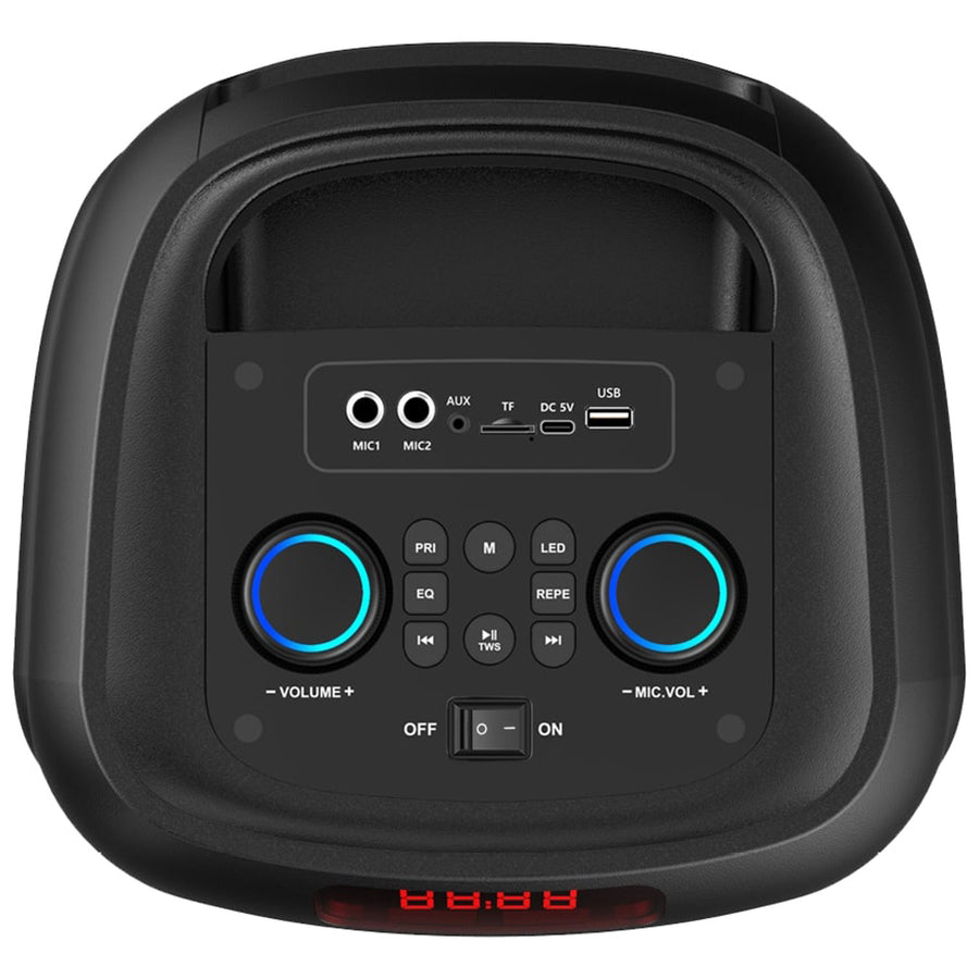 Large Bluetooth speaker, 120W RMS/1400W PMPO, two 8" speakers, equalizer, karaoke function, MP3/microSD cards, USB, AUX, BT 5.3+EDR, display, LED, built-in battery, remote control, MT3185