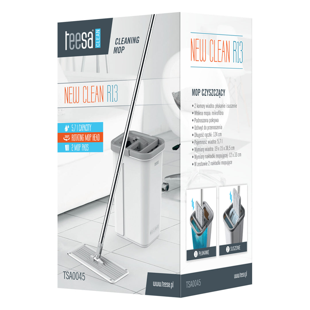 Teesa flat cleaning mop, two-compartment bucket, capacity 5.7 l, New Clean R13, Teesa