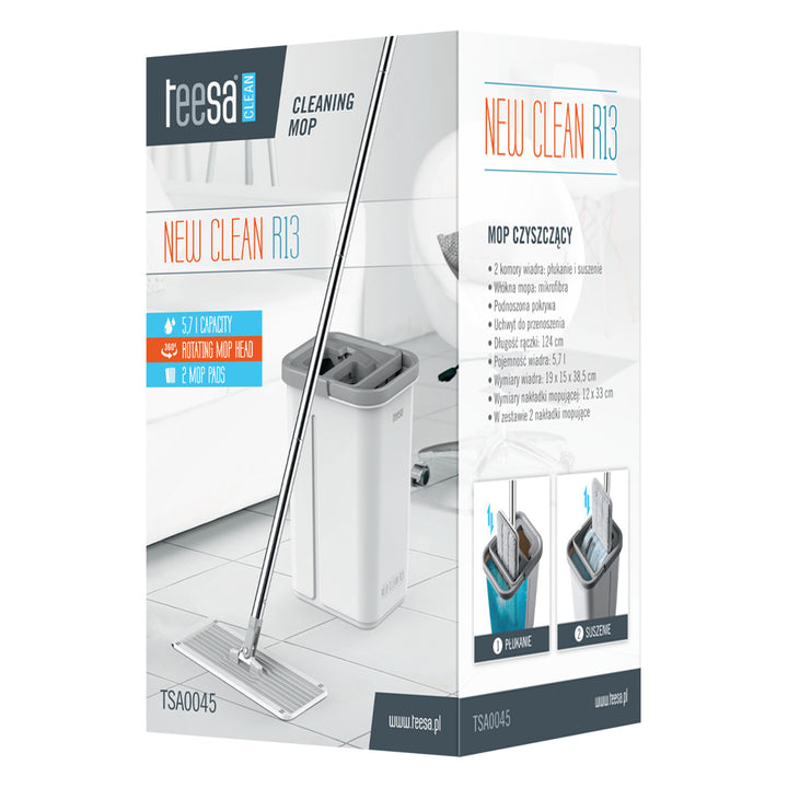 Teesa flat cleaning mop, two-compartment bucket, capacity 5.7 l, New Clean R13, Teesa