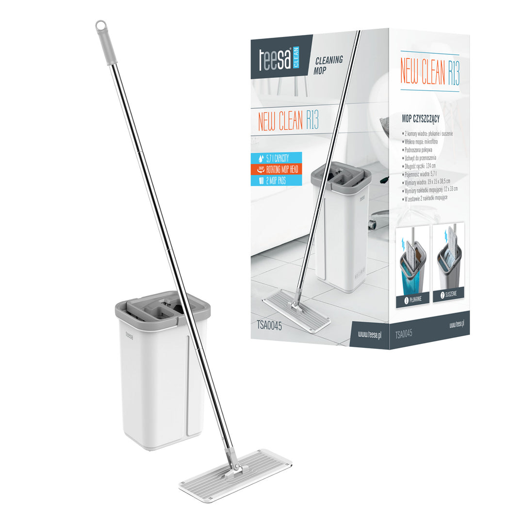 Teesa flat cleaning mop, two-compartment bucket, capacity 5.7 l, New Clean R13, Teesa