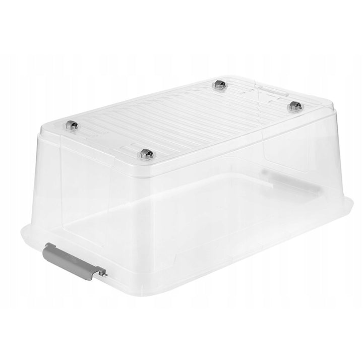 Leo Keeeper container with lid, 37L capacity, clear, with wheels, lid secured with clips