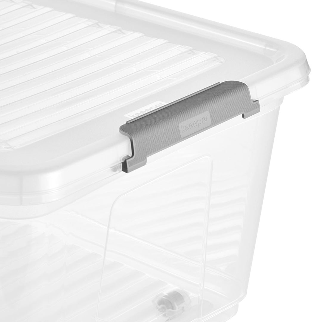 Leo Keeeper container with lid, 37L capacity, clear, with wheels, lid secured with clips