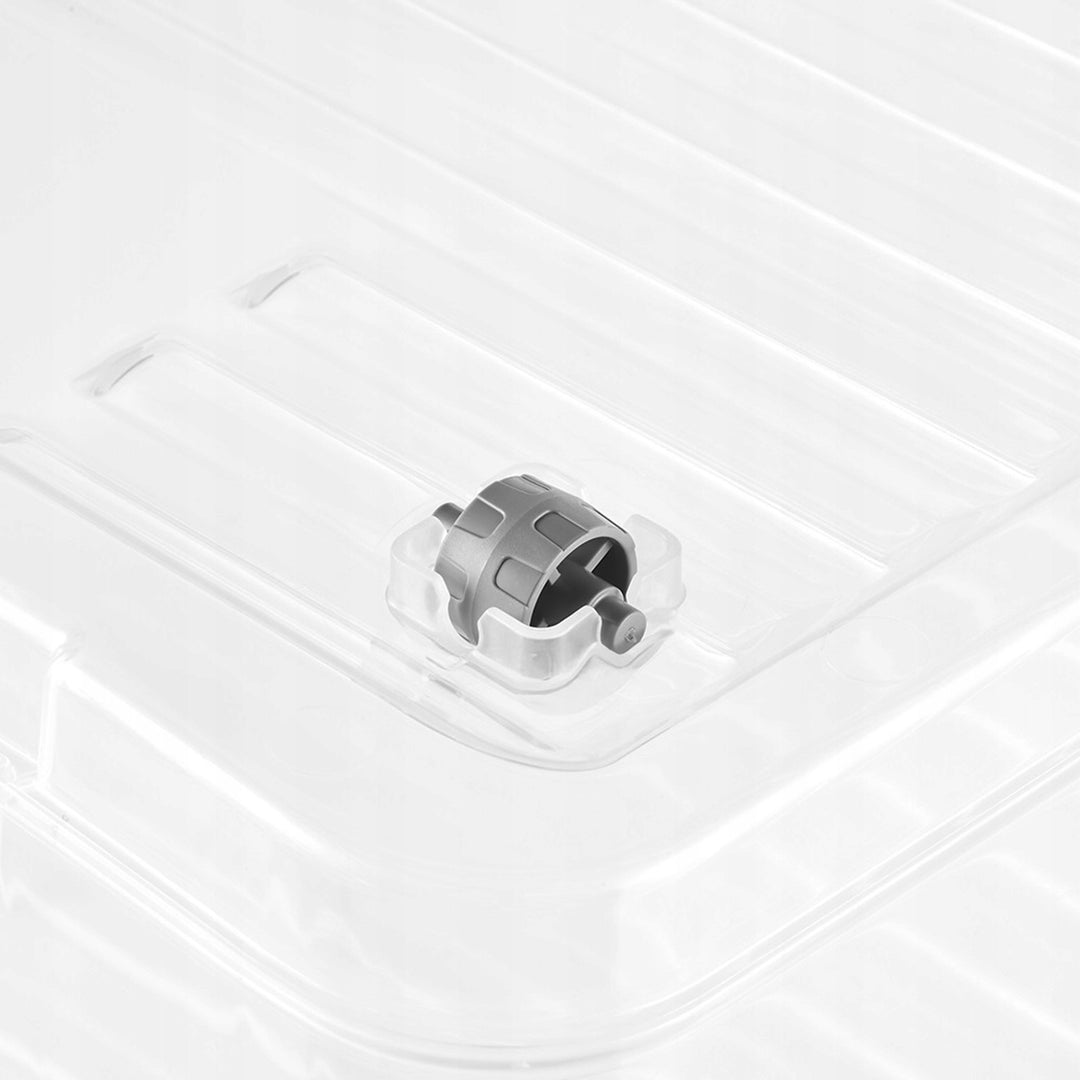 Leo Keeeper container with lid, 37L capacity, clear, with wheels, lid secured with clips