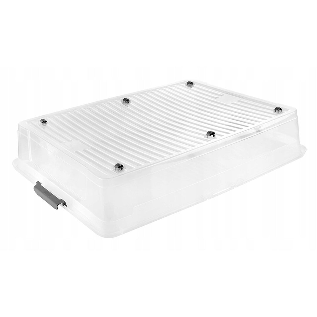 Leo Keeeper container with lid, 53L capacity, clear, with wheels, lid secured with clips