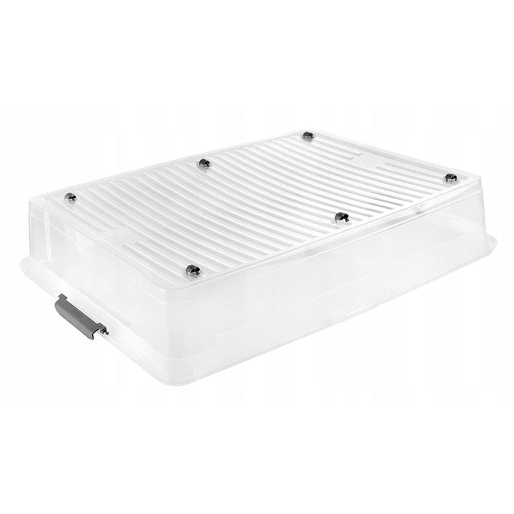 Leo Keeeper container with lid, 53L capacity, clear, with wheels, lid secured with clips