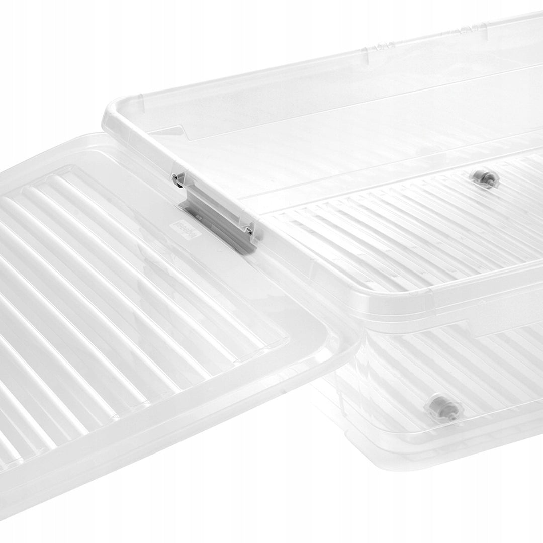 Leo Keeeper container with lid, 53L capacity, clear, with wheels, lid secured with clips