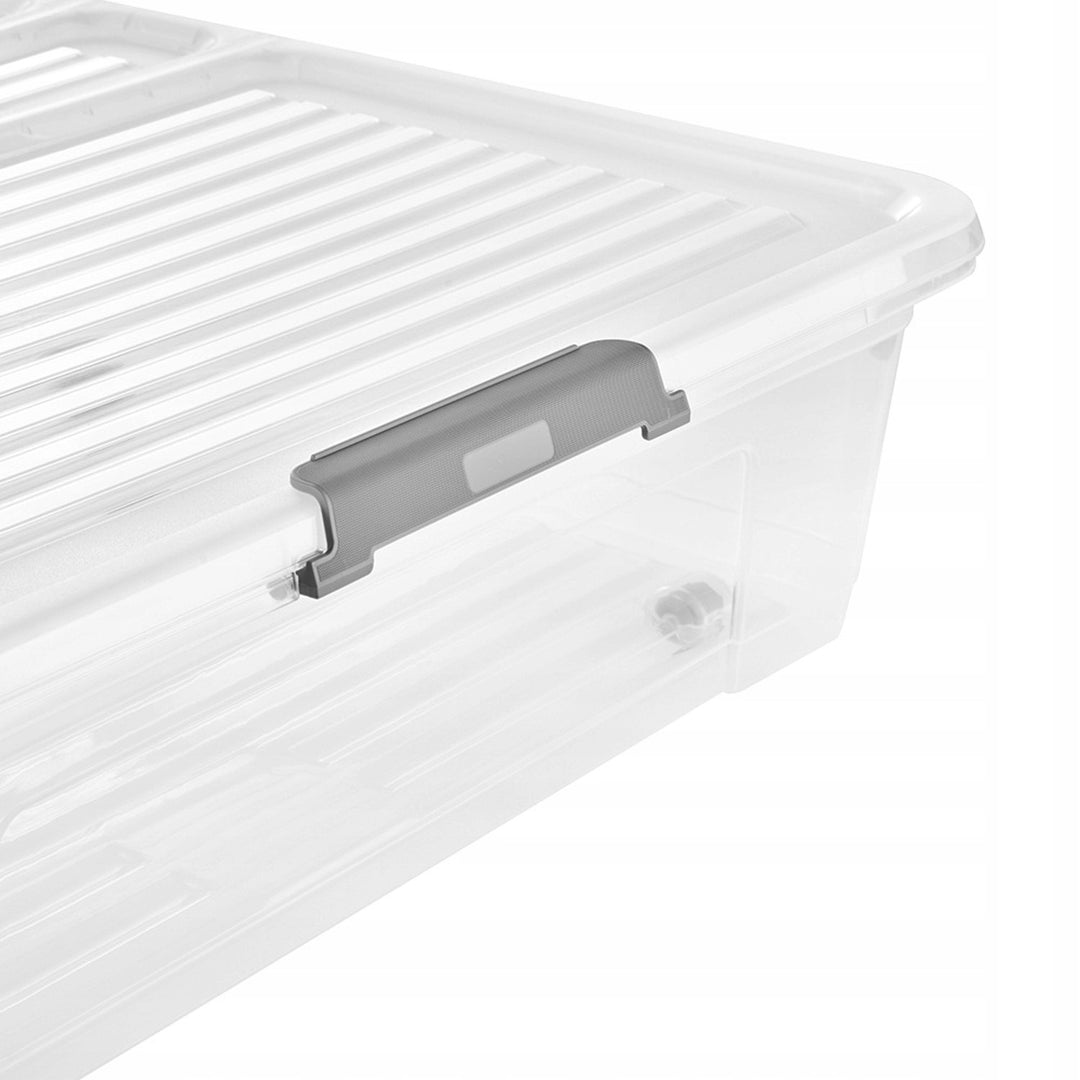 Leo Keeeper container with lid, 53L capacity, clear, with wheels, lid secured with clips