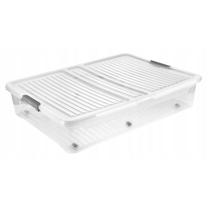 Leo Keeeper container with lid, 53L capacity, clear, with wheels, lid secured with clips