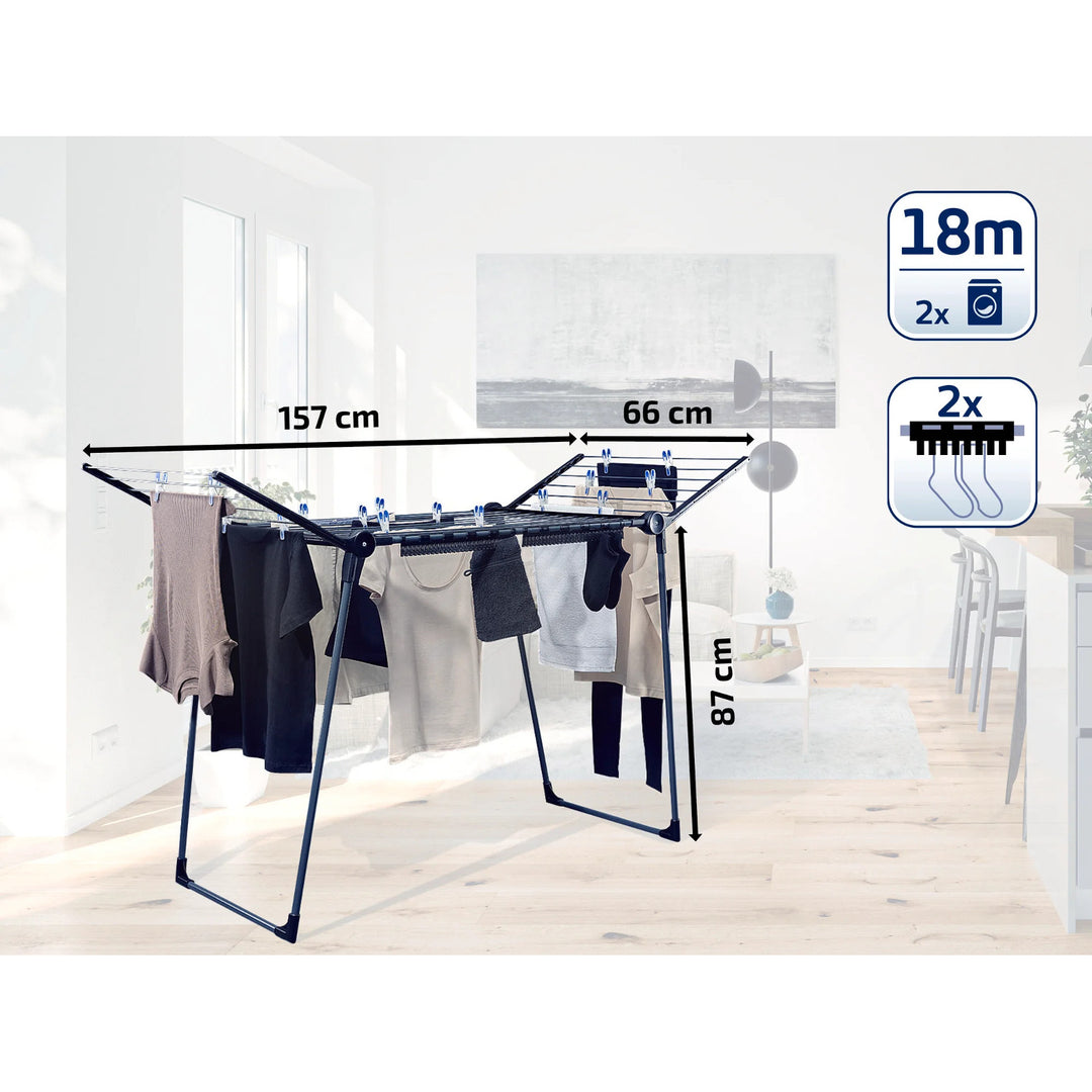 Leifheit Pegasus 180 Solid Black Drying Rack, 18 m line length, stable parallel legs, weatherproof, 2 laundry clips, 81589