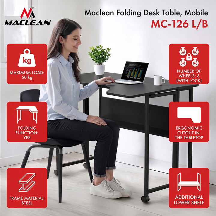 Maclean Folding Desk/Table, Black, Mobile, 100x73 cm, max. 50 kg, Angled, L-Shaped, MC-126 L/B