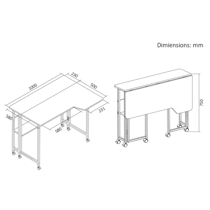 Maclean Folding Desk/Table, White, Mobile, 100x73 cm, max. 50 kg, Corner, L-Shaped, MC-126 L/W