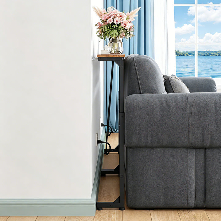 Maclean Console/Side Table with Charging Strip, black with a rustic tabletop, height adjustable 62–83 cm, max. 25 kg, 2.5 m cord, MC-140 B