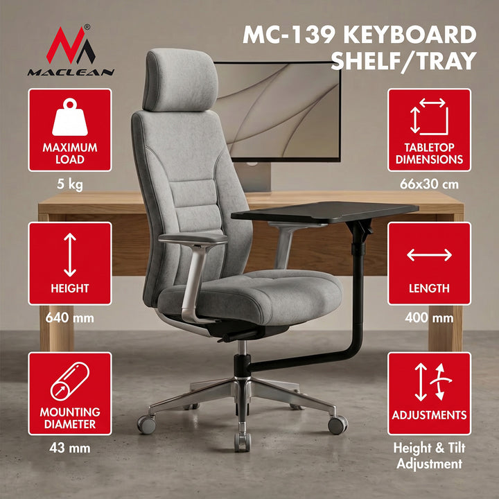 Maclean Keyboard Shelf/Tray, black, tray dimensions 66x30 cm, for mounting on an office chair, max. 5 kg, MC-139