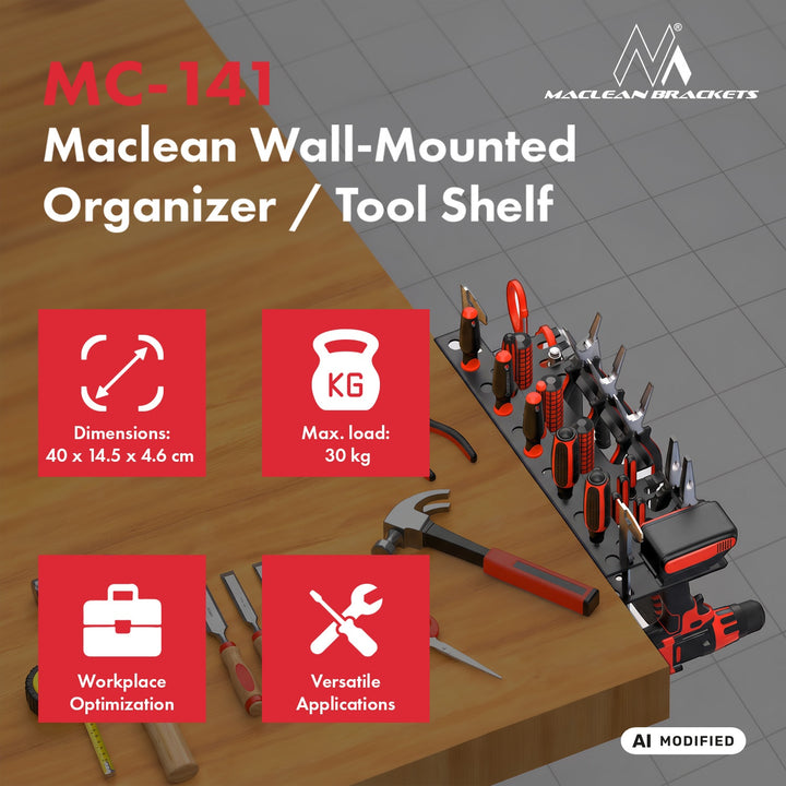 Maclean Wall-Mounted Organizer / Tool Shelf, black, dimensions 40x14.5x4.6 cm, max. 30 kg, MC-141