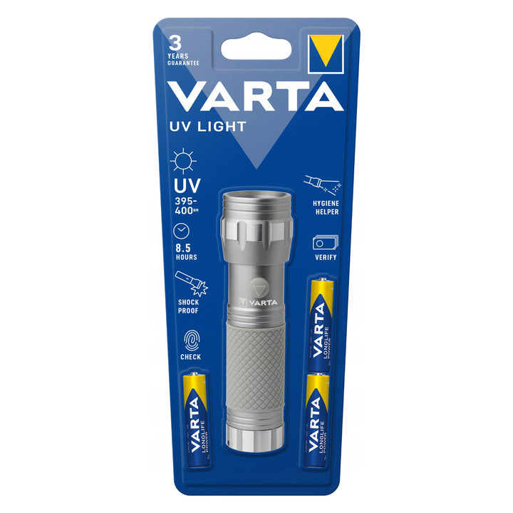 15638 Aluminum UV LED Flashlight, UV Wavelength 395–400 nm, Multi LED Technology + Varta Batteries Included
