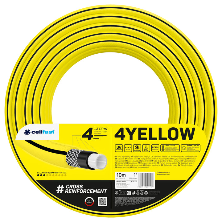 Cellfast garden hose, 4-layer, UV-resistant, 1" diameter, 10 m long, 4YELLOW