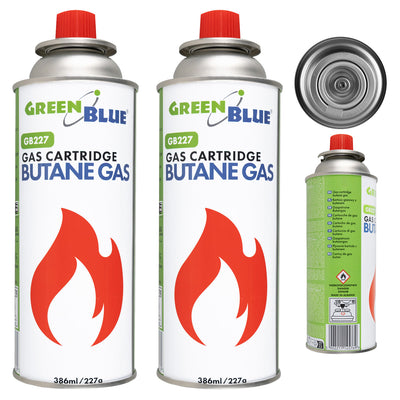 2x 227g GreenBlue gas cartridges. Certification: Pi 0875, compliant with EN 417, butane, operating range: -10°C to +40°C, GB227
