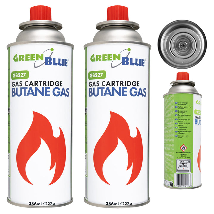 2x GreenBlue 227g gas cartridges. Certification: Pi 0875, compliant with EN 417, butane, operating range: -10°C to +40°C, GB227