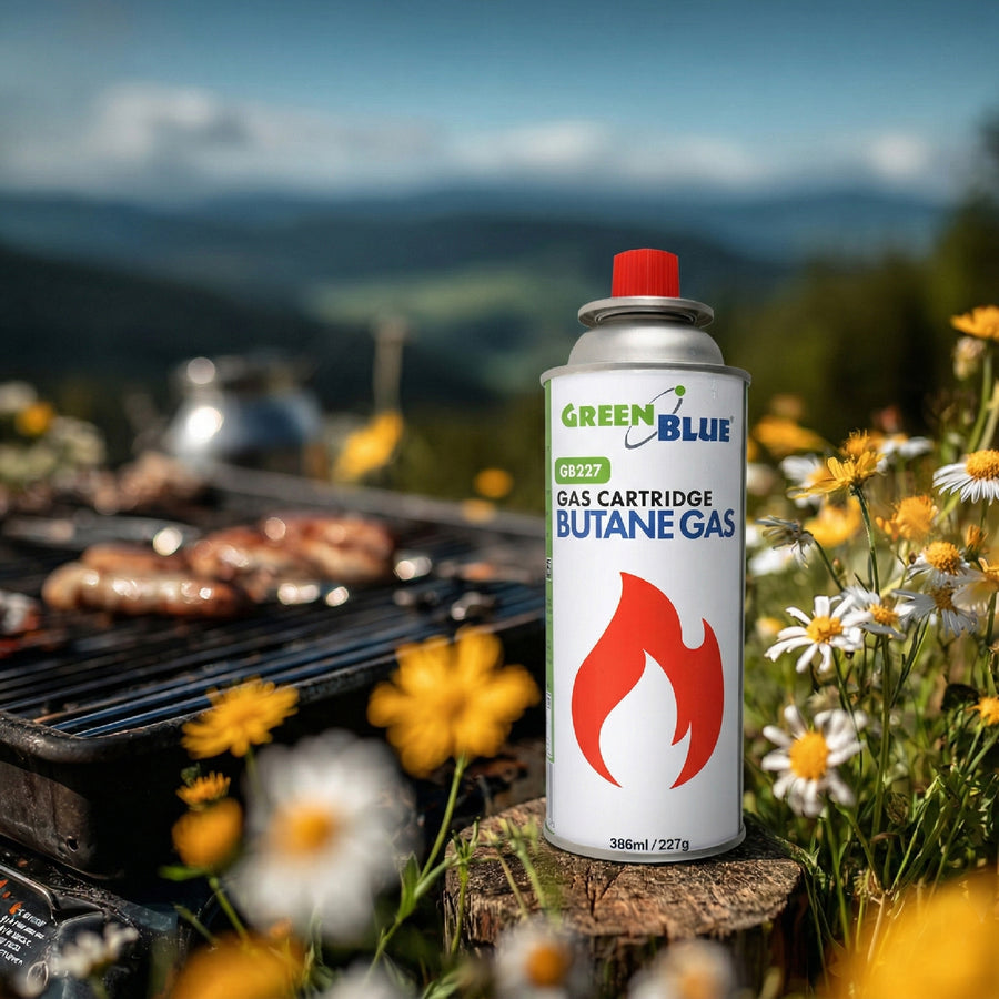 4 GreenBlue 227g gas cartridges. Certification: Pi 0875, compliant with EN 417, butane, operating range: -10°C to +40°C, GB227