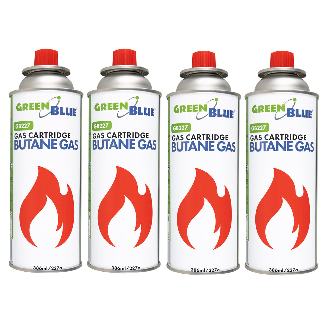 4 x 227g GreenBlue gas cartridges. Certification: Pi 0875, compliant with EN 417, butane, operating range: -10°C to +40°C, GB227