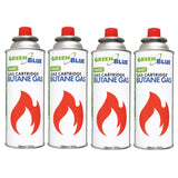 4 GreenBlue 227g gas cartridges. Certification: Pi 0875, compliant with EN 417, butane, operating range: -10°C to +40°C, GB227
