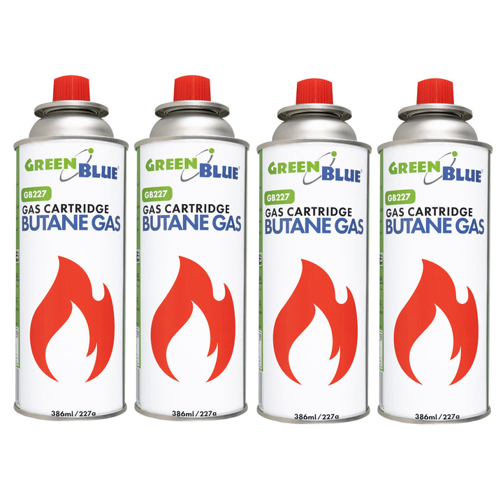 4 x 227g GreenBlue gas cartridges. Certification: Pi 0875, compliant with EN 417, butane, operating range: -10°C to +40°C, GB227